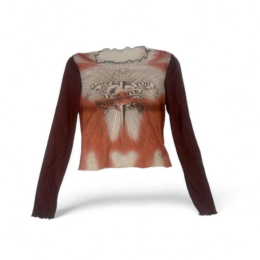Women's Orange and Burgundy Mesh Graphic Shirt